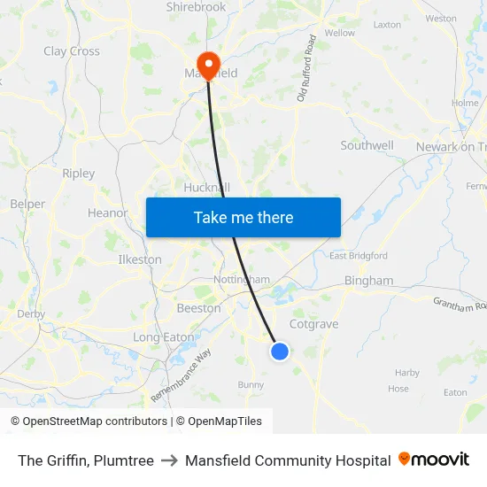 The Griffin, Plumtree to Mansfield Community Hospital map