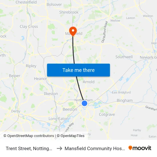 Trent Street, Nottingham to Mansfield Community Hospital map