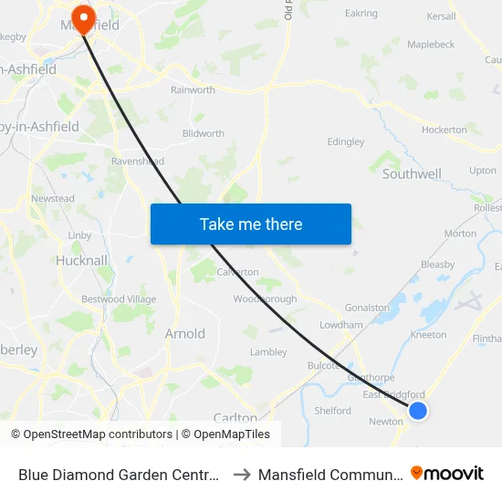 Blue Diamond Garden Centre, East Bridgford to Mansfield Community Hospital map