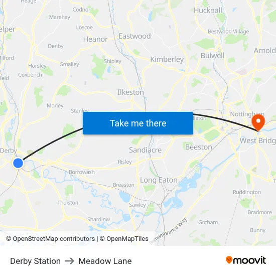 Derby Station to Meadow Lane map
