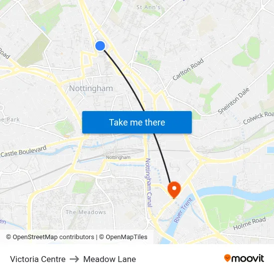 Victoria Centre to Meadow Lane map