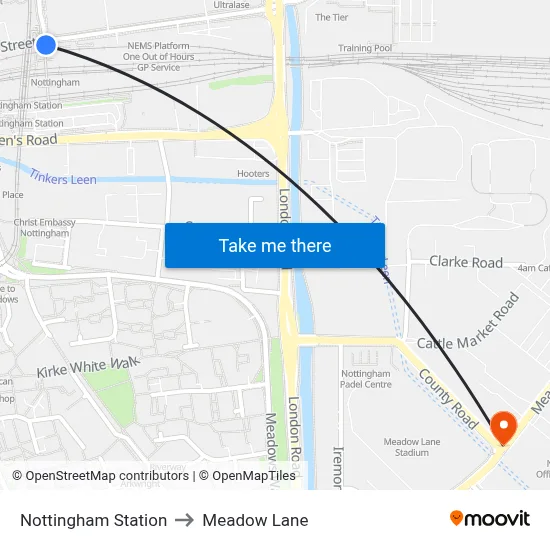 Nottingham Station to Meadow Lane map