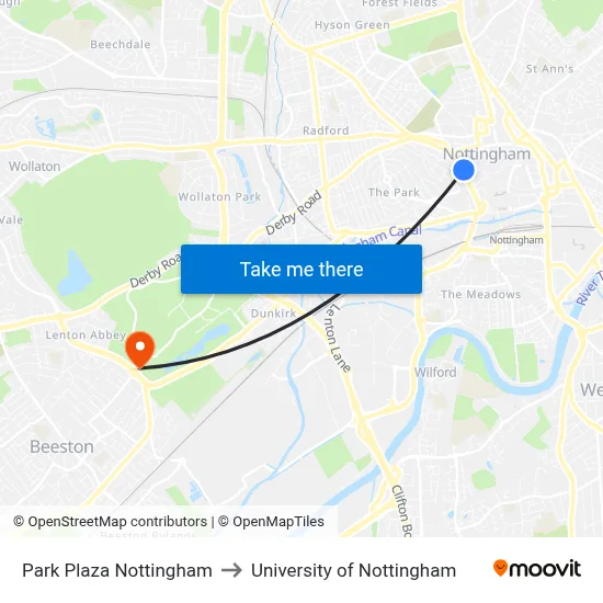Park Plaza Nottingham to University of Nottingham map