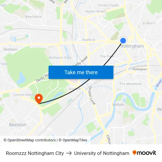 Roomzzz Nottingham City to University of Nottingham map