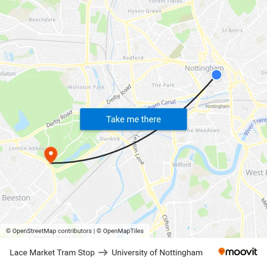 Lace Market Tram Stop to University of Nottingham map