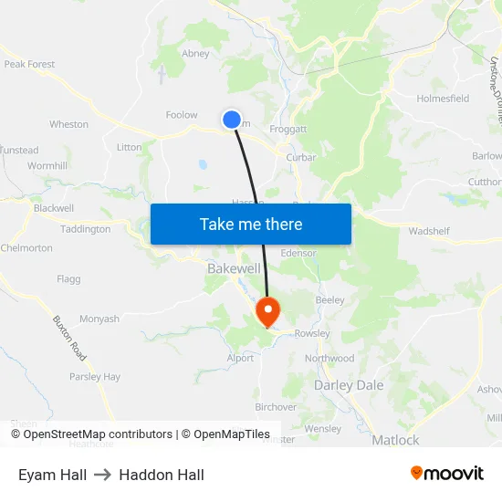 Eyam Hall to Haddon Hall map