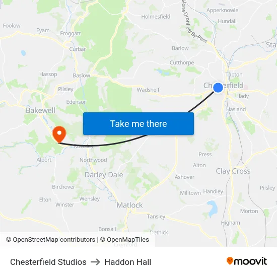 Chesterfield Studios to Haddon Hall map
