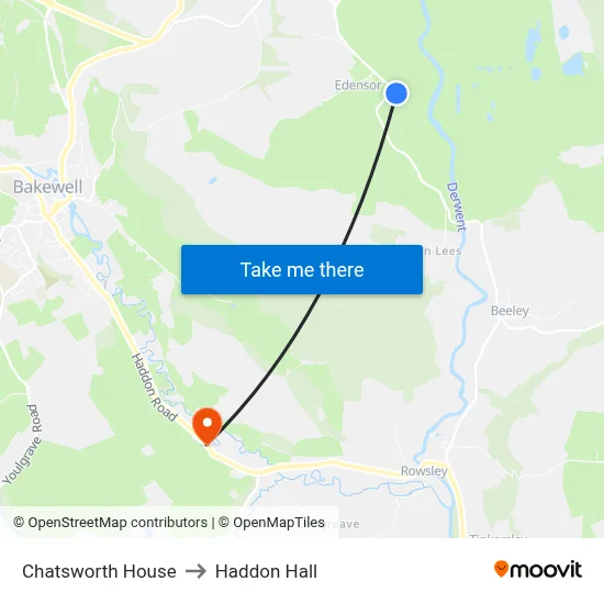 Chatsworth House to Haddon Hall map