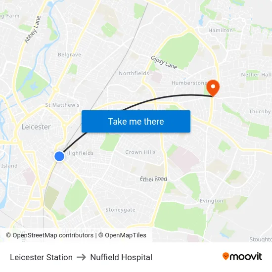 Leicester Station to Nuffield Hospital map