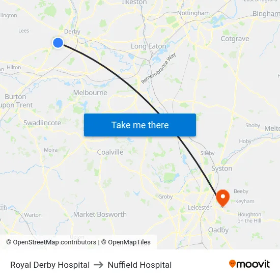 Royal Derby Hospital to Nuffield Hospital map