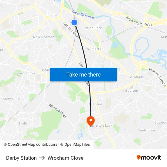 Derby Station to Wroxham Close map
