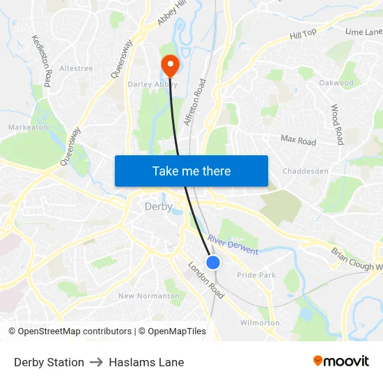 Derby Station to Haslams Lane map