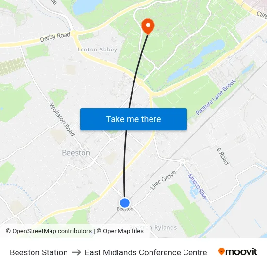Beeston Station to East Midlands Conference Centre map