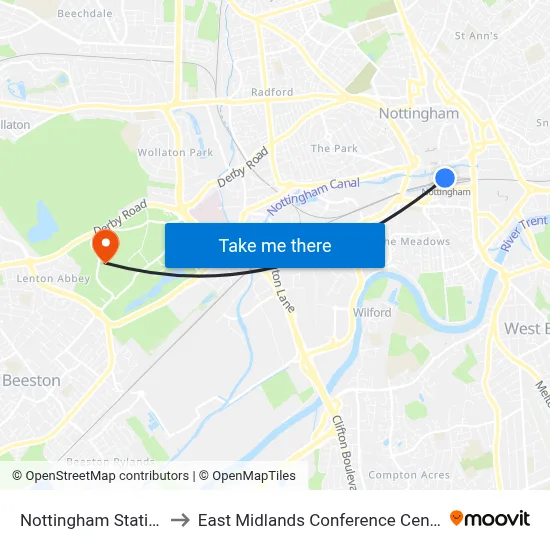 Nottingham Station to East Midlands Conference Centre map