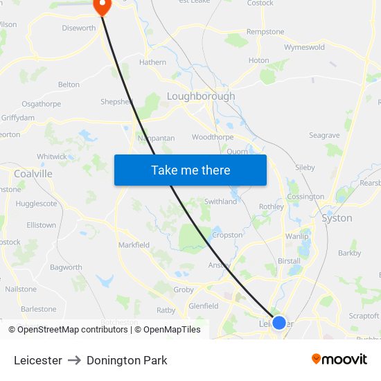 Leicester to Donington Park map