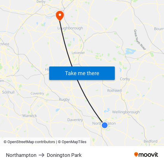 Northampton to Donington Park map