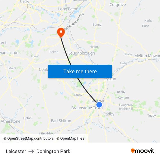 Leicester to Donington Park map