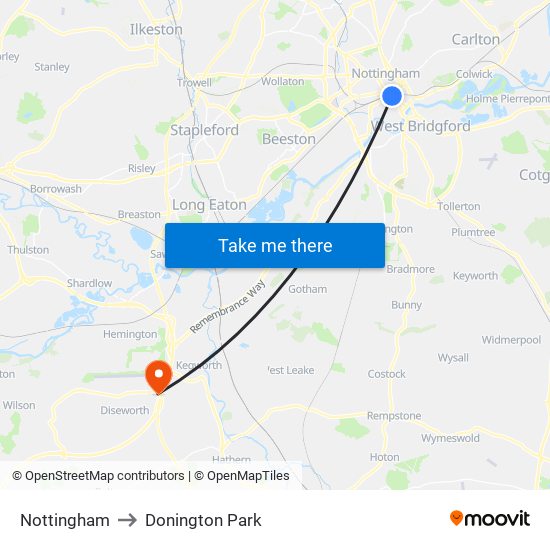 Nottingham to Donington Park map