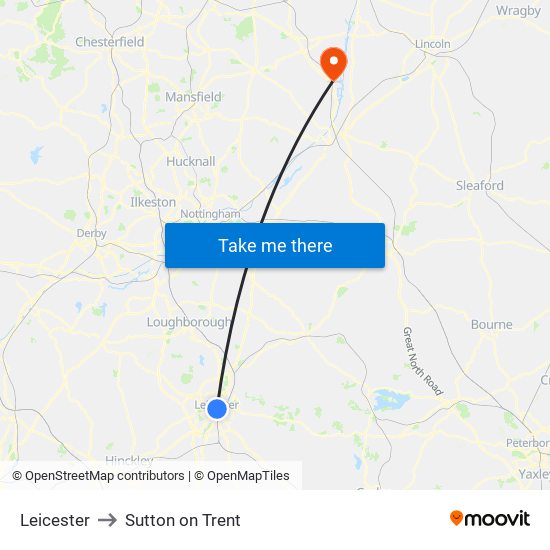Leicester to Sutton on Trent map