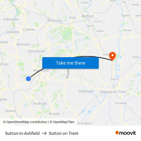 Sutton-In-Ashfield to Sutton on Trent map