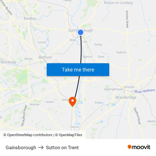Gainsborough to Sutton on Trent map