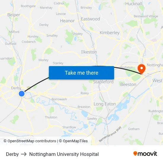 Derby to Nottingham University Hospital map