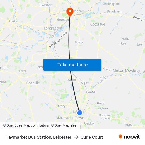 Haymarket Bus Station, Leicester to Curie Court map