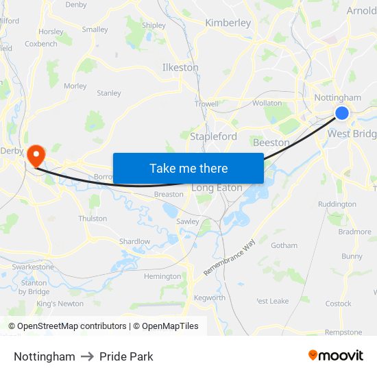 Nottingham to Pride Park map