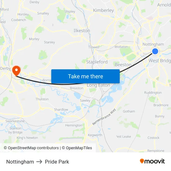 Nottingham to Pride Park map