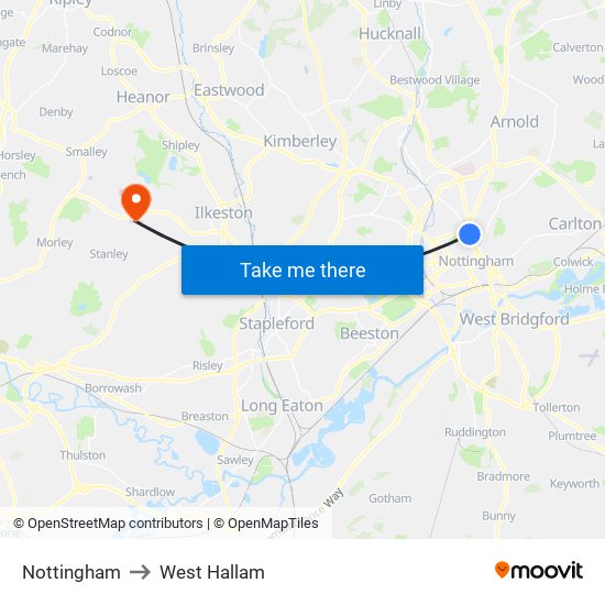Nottingham to West Hallam map