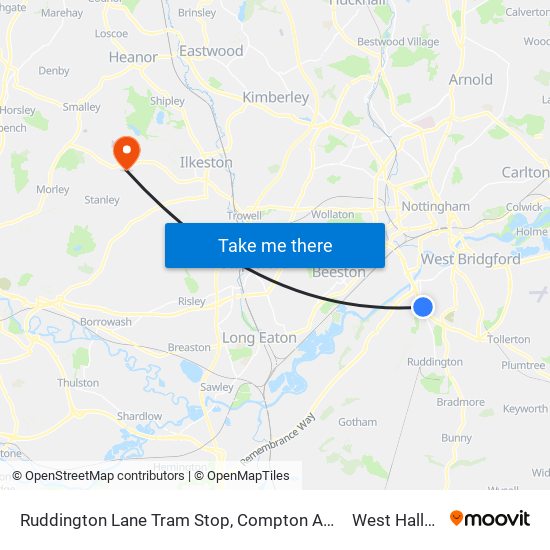 Ruddington Lane Tram Stop, Compton Acres to West Hallam map