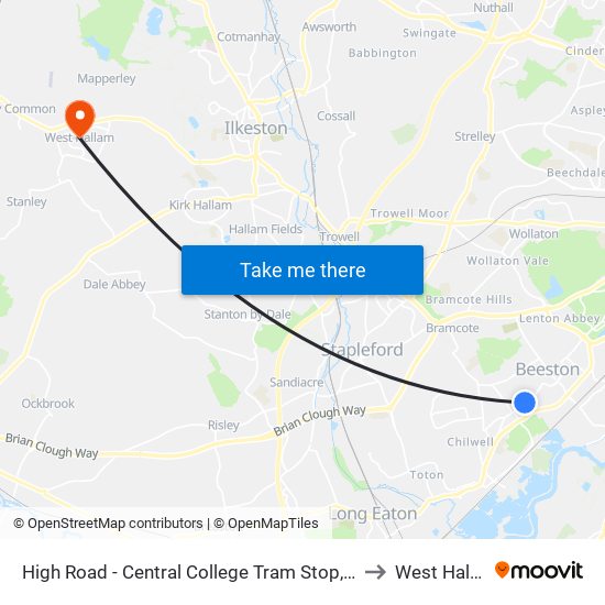 High Road - Central College Tram Stop, Chilwell to West Hallam map