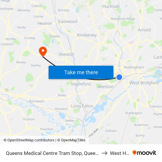 Queens Medical Centre Tram Stop, Queens Medical Centre to West Hallam map