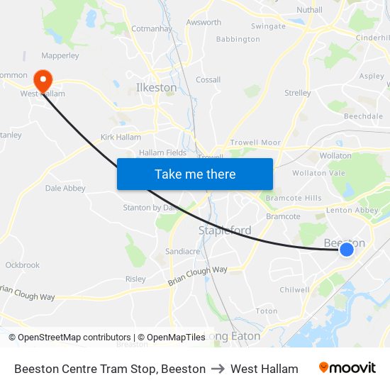 Beeston Centre Tram Stop, Beeston to West Hallam map