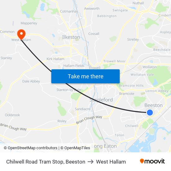 Chilwell Road Tram Stop, Beeston to West Hallam map