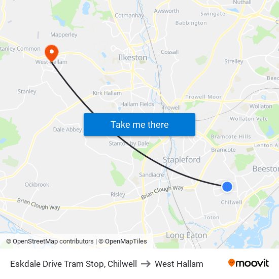 Eskdale Drive Tram Stop, Chilwell to West Hallam map