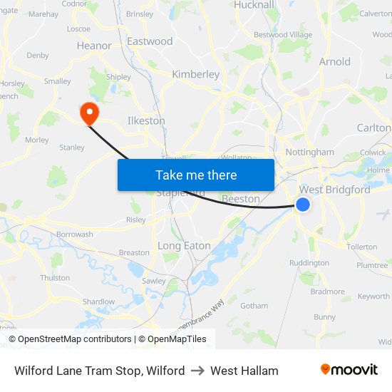 Wilford Lane Tram Stop, Wilford to West Hallam map