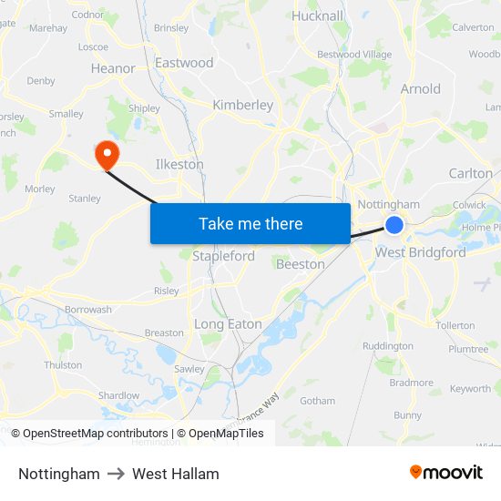 Nottingham to West Hallam map