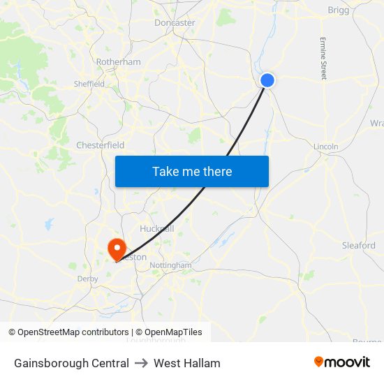 Gainsborough Central to West Hallam map