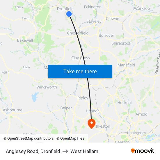 Anglesey Road, Dronfield to West Hallam map