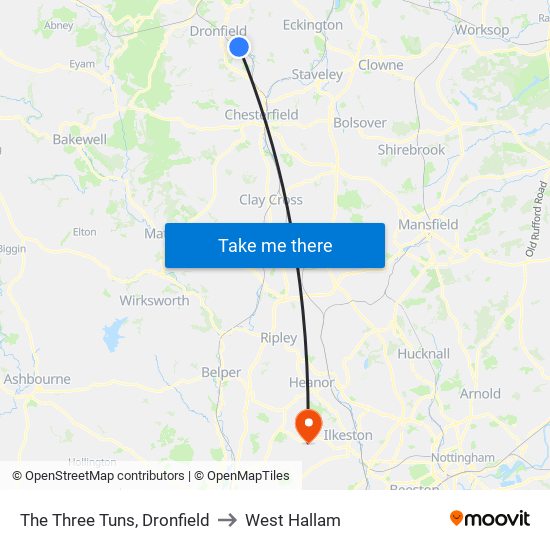 The Three Tuns, Dronfield to West Hallam map