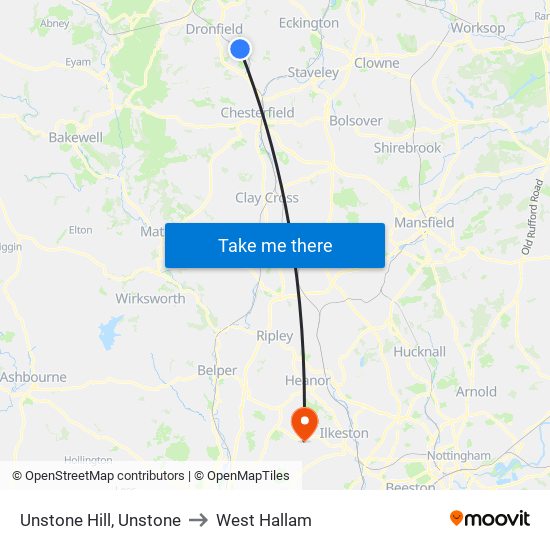 Unstone Hill, Unstone to West Hallam map