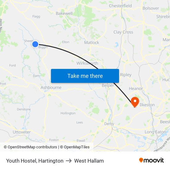 Youth Hostel, Hartington to West Hallam map