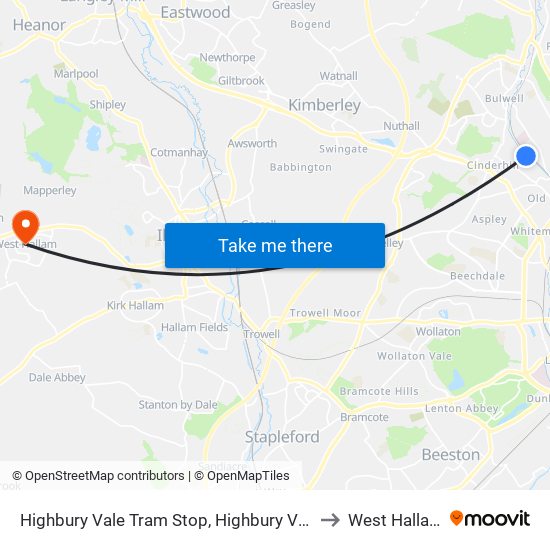 Highbury Vale Tram Stop, Highbury Vale to West Hallam map