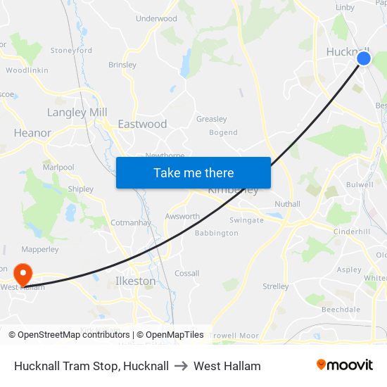 Hucknall Tram Stop, Hucknall to West Hallam map