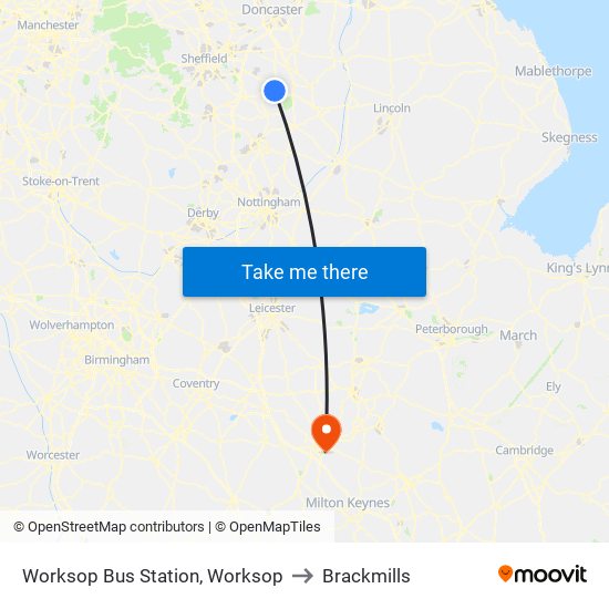 Worksop Bus Station, Worksop to Brackmills map