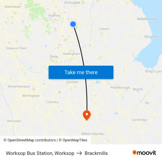 Worksop Bus Station, Worksop to Brackmills map
