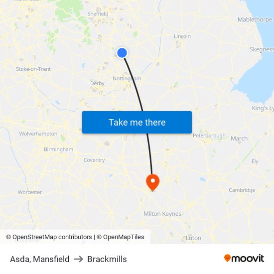 Asda, Mansfield to Brackmills map