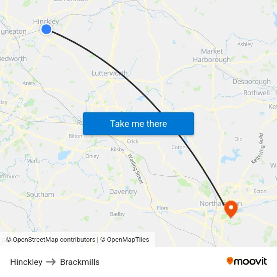 Hinckley to Brackmills map