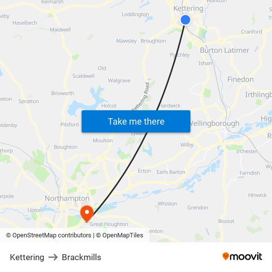 Kettering to Brackmills map